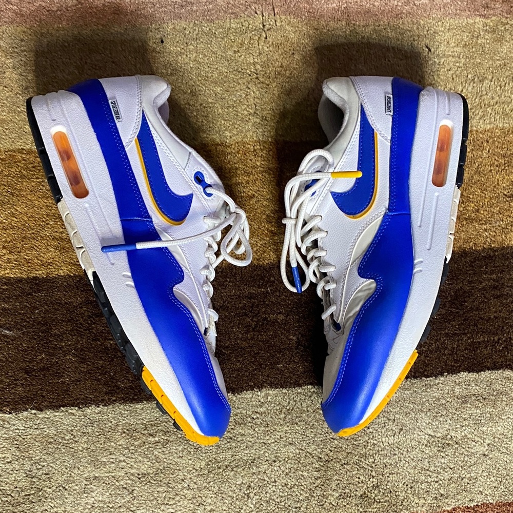 Nike White and Royal Blue Air Max with Yellow Accents
